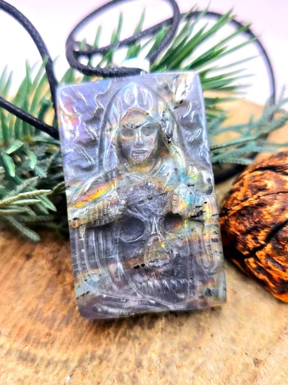 Nature Labradorite Carved Hidden Evil Monk Pendant Necklace